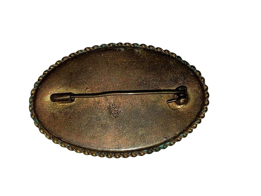 Victorian Brass Blue Mosaic Oval Pin - 4