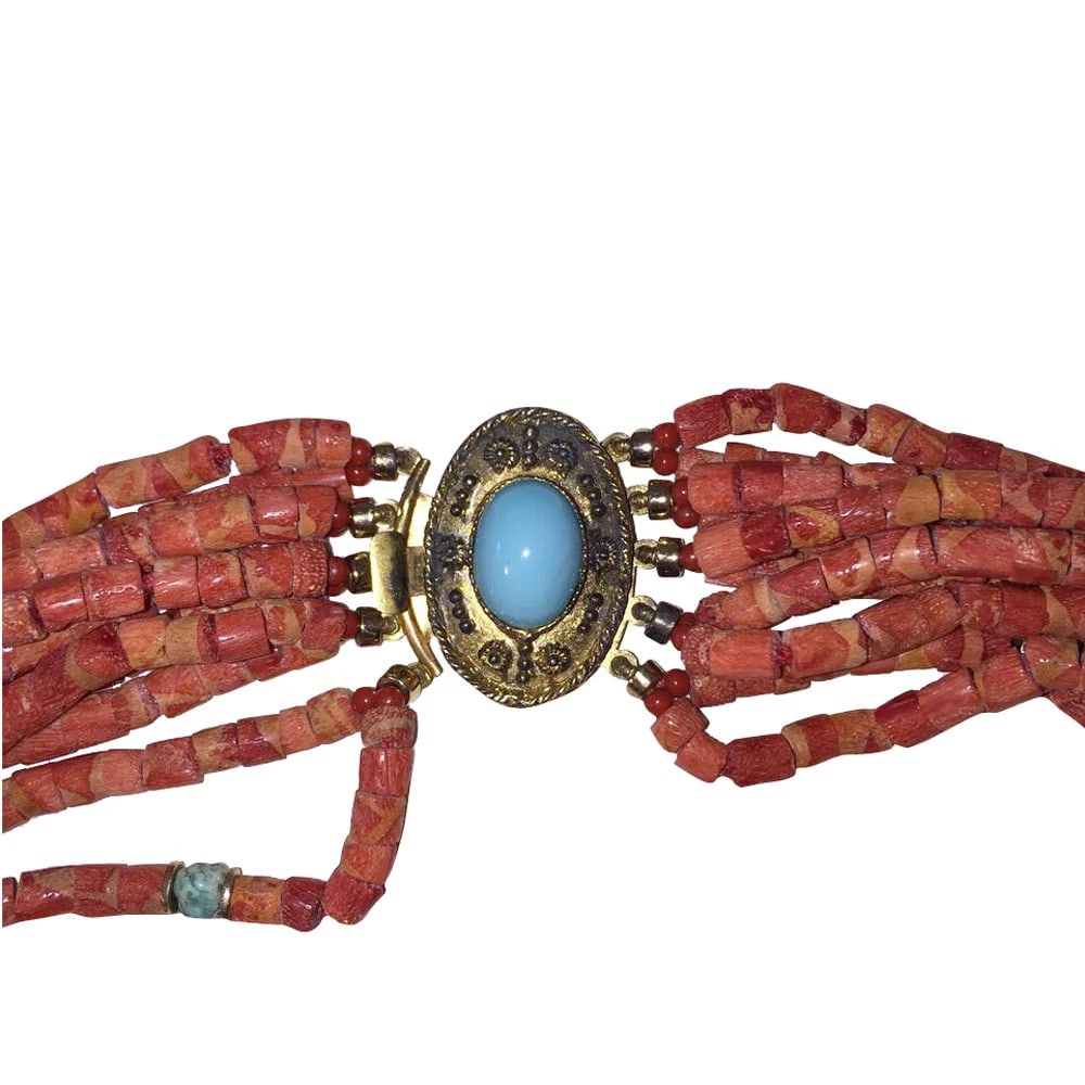 Massive Sponge Red Coral Bead Turquoise Nugget Buckle Necklace - 3