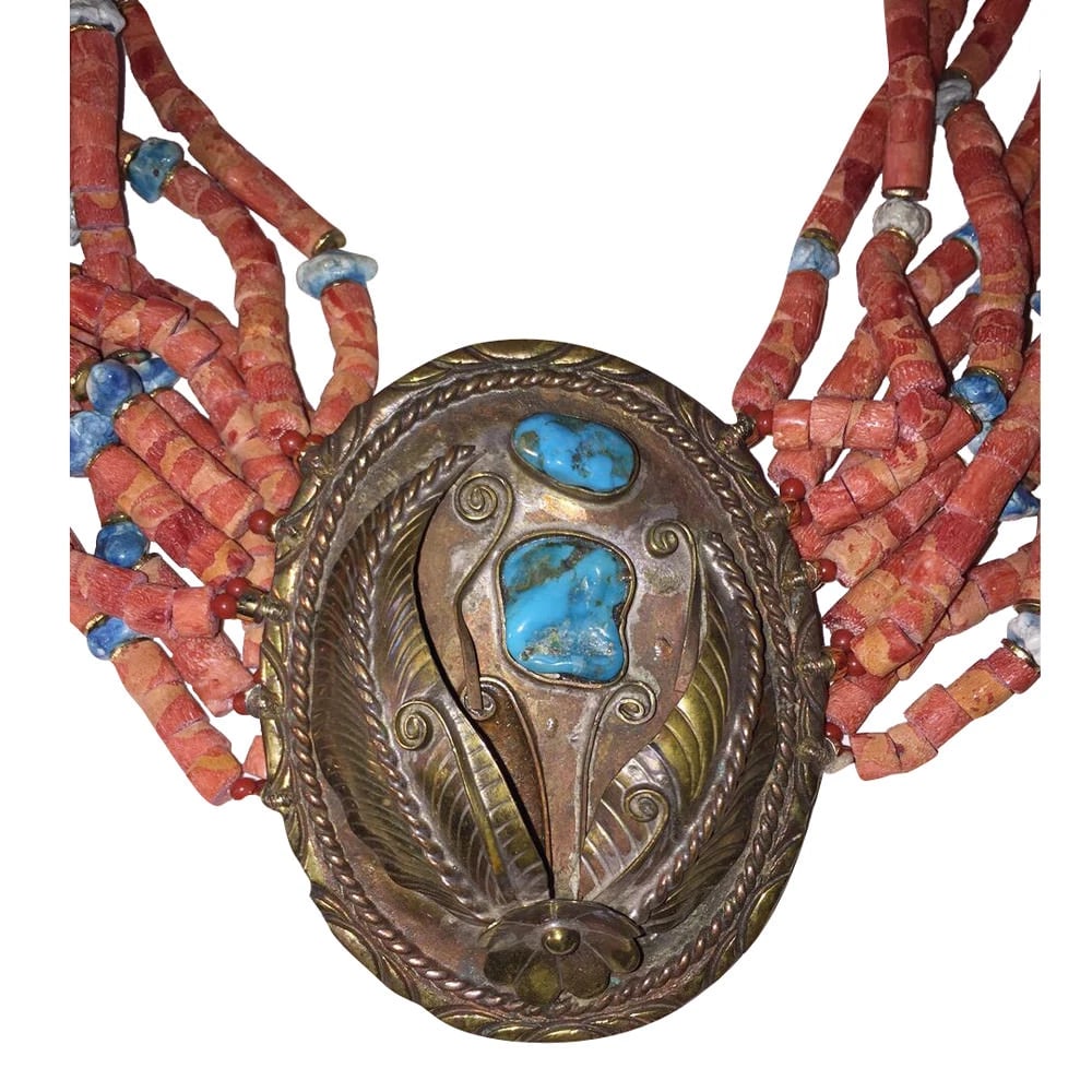 Massive Sponge Red Coral Bead Turquoise Nugget Buckle Necklace - 4