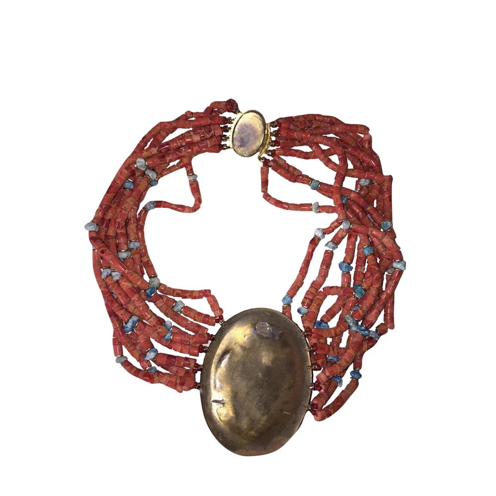 Massive Sponge Red Coral Bead Turquoise Nugget Buckle Necklace - 5