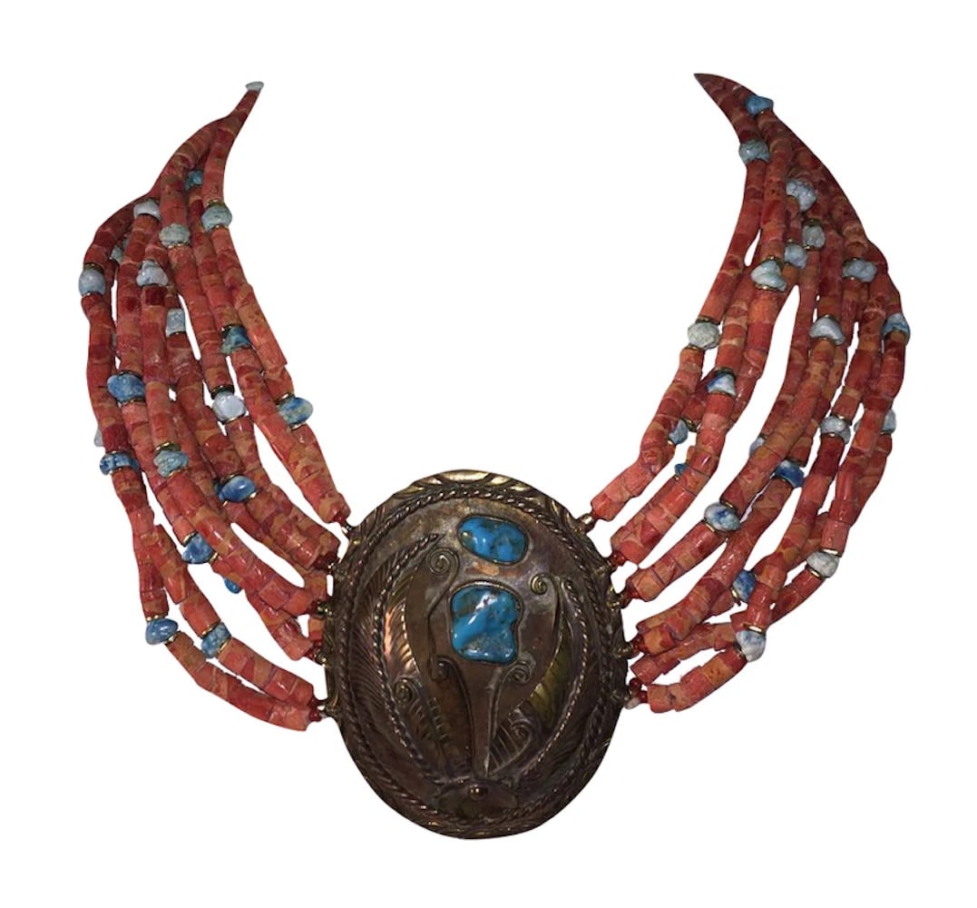 Massive Sponge Red Coral Bead Turquoise Nugget Buckle Necklace - 7