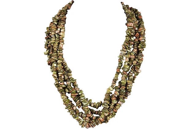 Unakite Jasper Chip Bead Torsade: Title:Unakite Jasper Chip Bead Torsade Description:Green and pink unakite jasper chip bead torsade necklace with brass Chinese coin replica clasp and sterling silver bezel frame. Circa 1980.