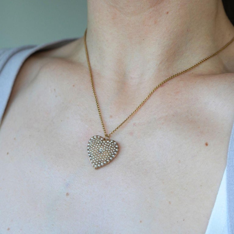 Vintage 14k Gold Diamond Pearl Heart Pendant Necklace - 2