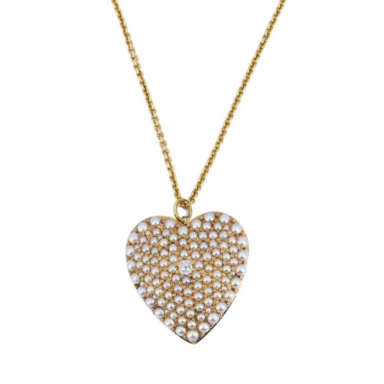 Vintage 14k Gold Diamond Pearl Heart Pendant Necklace - 3
