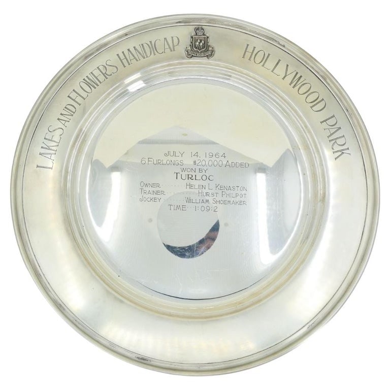 1964 Sterling Silver Lakes and Flowers Handicap Hollywood Park Trophy Plate: Title: 1964 Sterling Silver Lakes and Flowers Handicap Hollywood Park Trophy Plate Description: Sterling Silver Trophy Plate by Shreve & Co., San Francisco, commemorating the 1964 Lakes and Flowers Ha