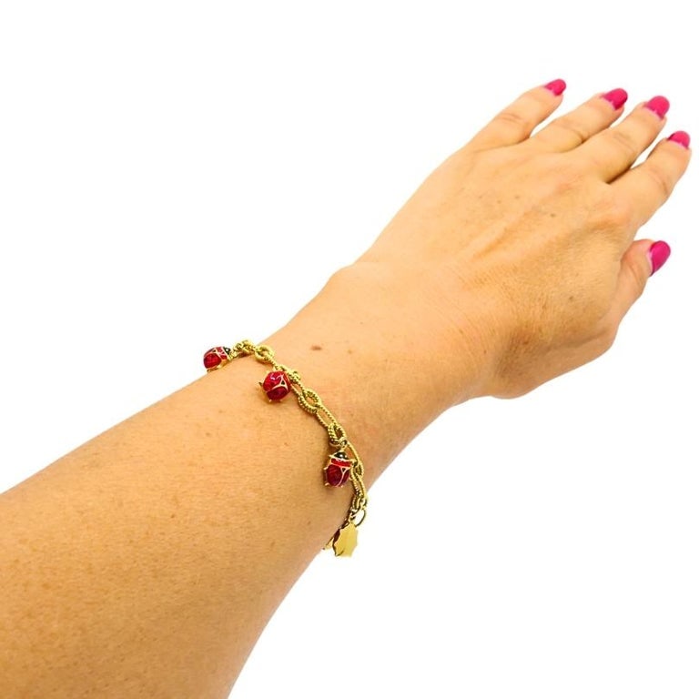 18k Gold Chain 14k Gold Enamel Ladybug Charms Bracelet - 2