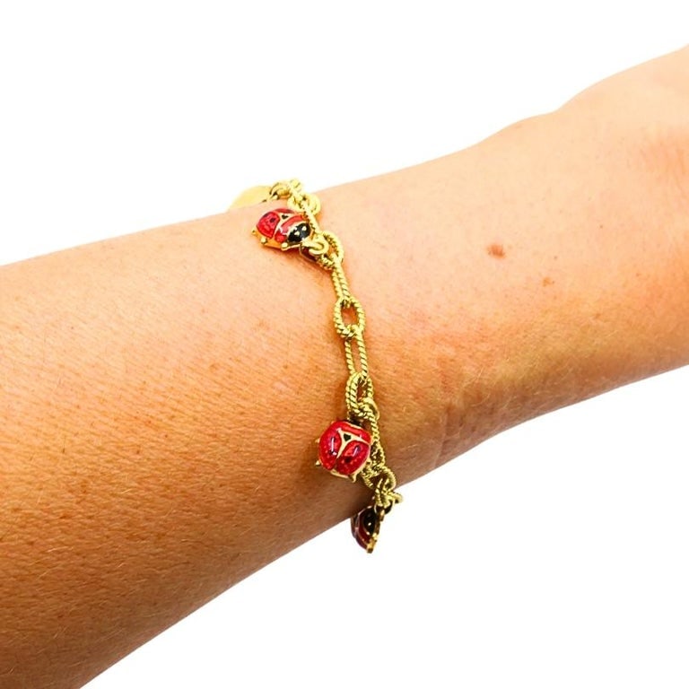 18k Gold Chain 14k Gold Enamel Ladybug Charms Bracelet - 3
