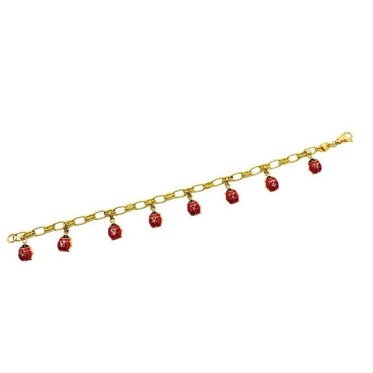 18k Gold Chain 14k Gold Enamel Ladybug Charms Bracelet - 4
