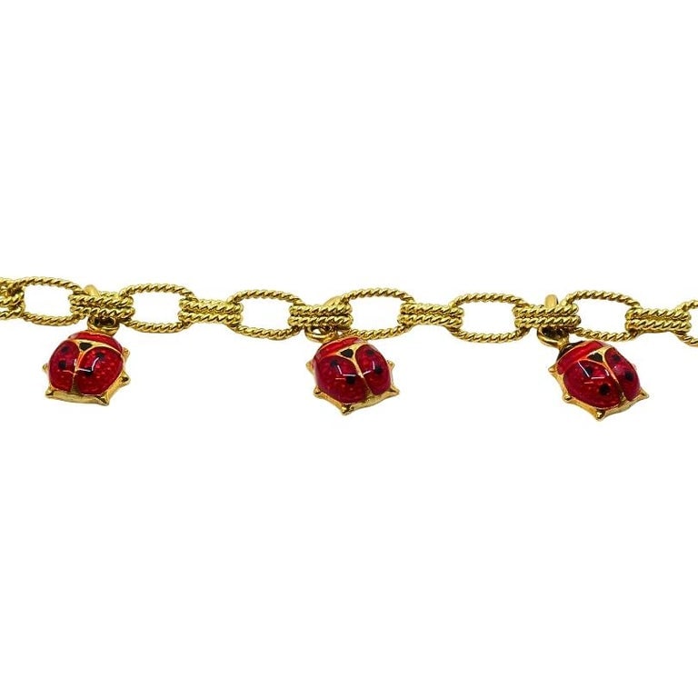18k Gold Chain 14k Gold Enamel Ladybug Charms Bracelet - 8
