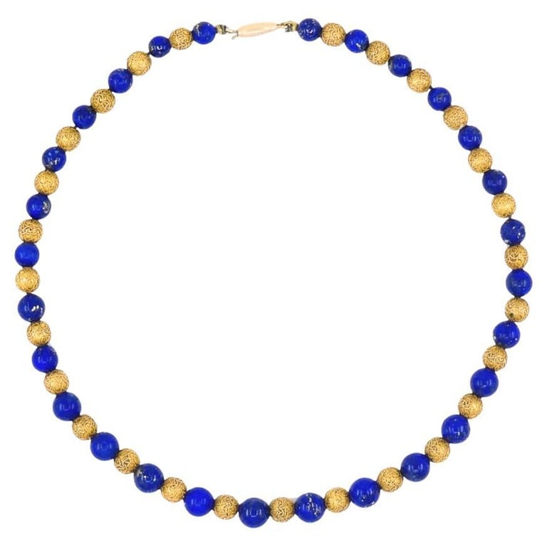 Vintage Choker Necklace 14k Textured Gold Lapis Lazuli Beads (1 of 9)
