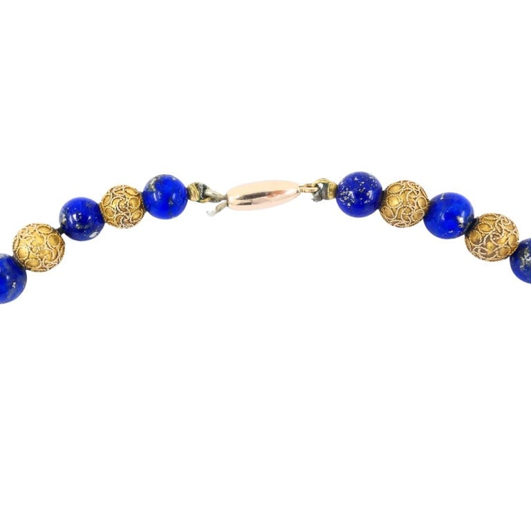 Vintage Choker Necklace 14k Textured Gold Lapis Lazuli Beads - 3
