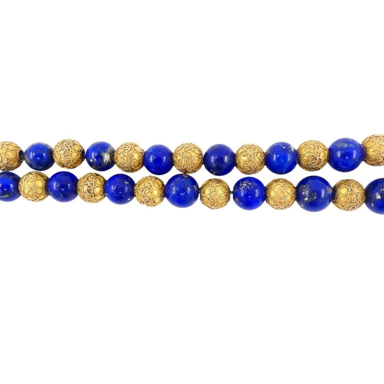 Vintage Choker Necklace 14k Textured Gold Lapis Lazuli Beads - 5