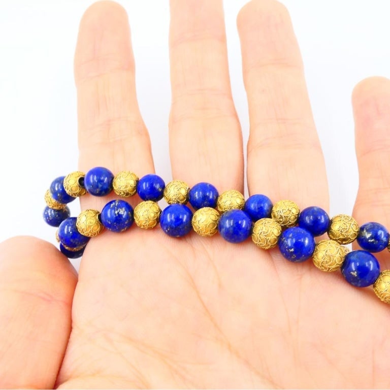 Vintage Choker Necklace 14k Textured Gold Lapis Lazuli Beads - 7