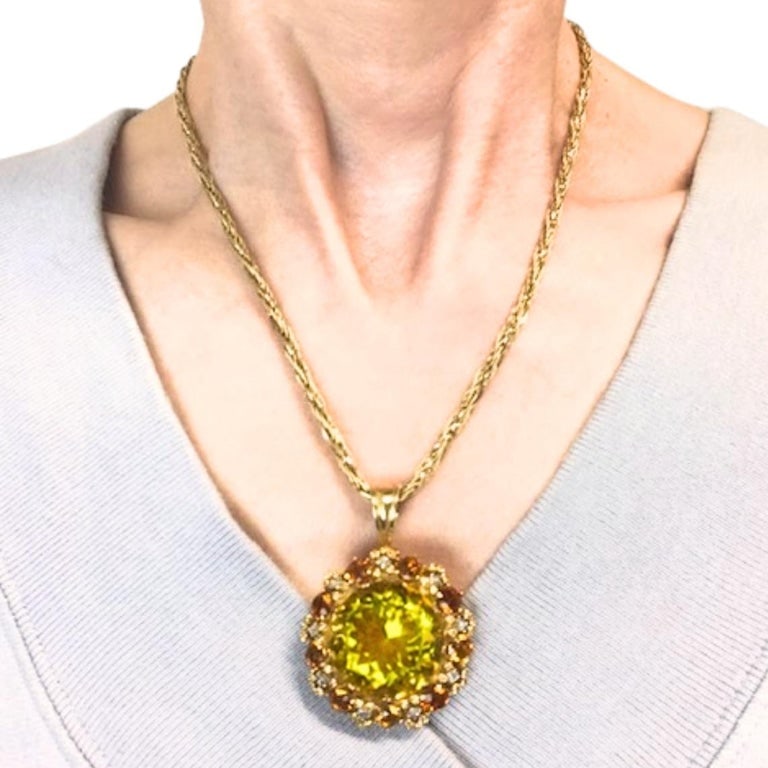 Vintage Necklace 14k Gold Citrine Diamond Pendant Twisted Rope Chain - 2