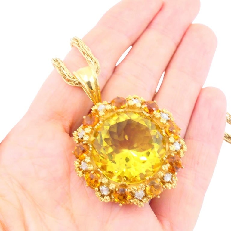 Vintage Necklace 14k Gold Citrine Diamond Pendant Twisted Rope Chain - 8
