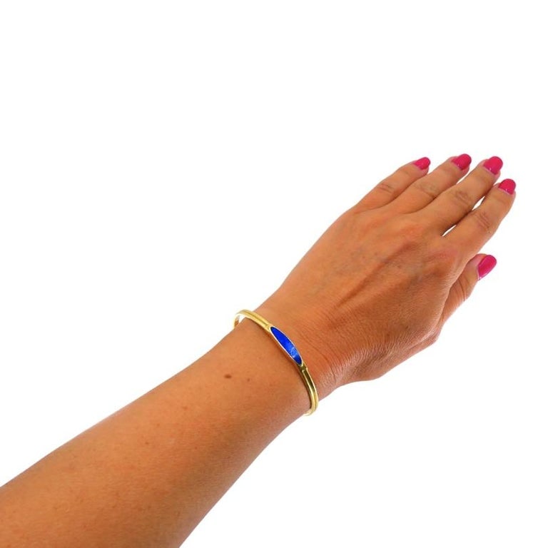 Vintage 18k Gold Blue Enamel Bangle Bracelet - 2