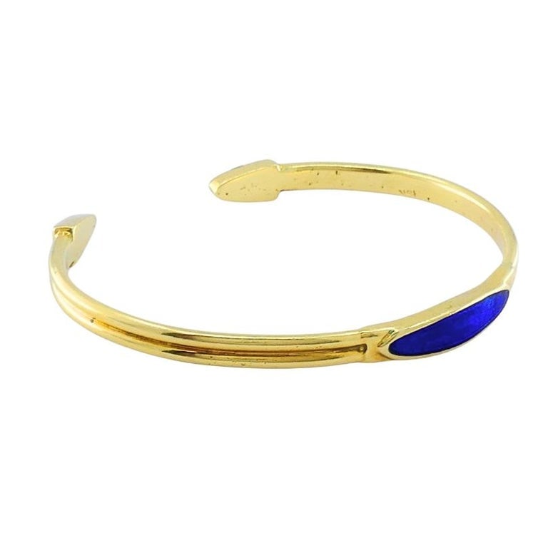 Vintage 18k Gold Blue Enamel Bangle Bracelet - 7