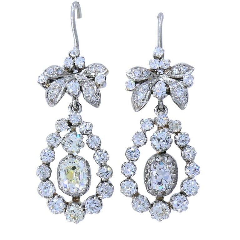 Art Deco Platinum Drop Earrings Old European Cushion Cut Diamonds Estate Jewelry - 4