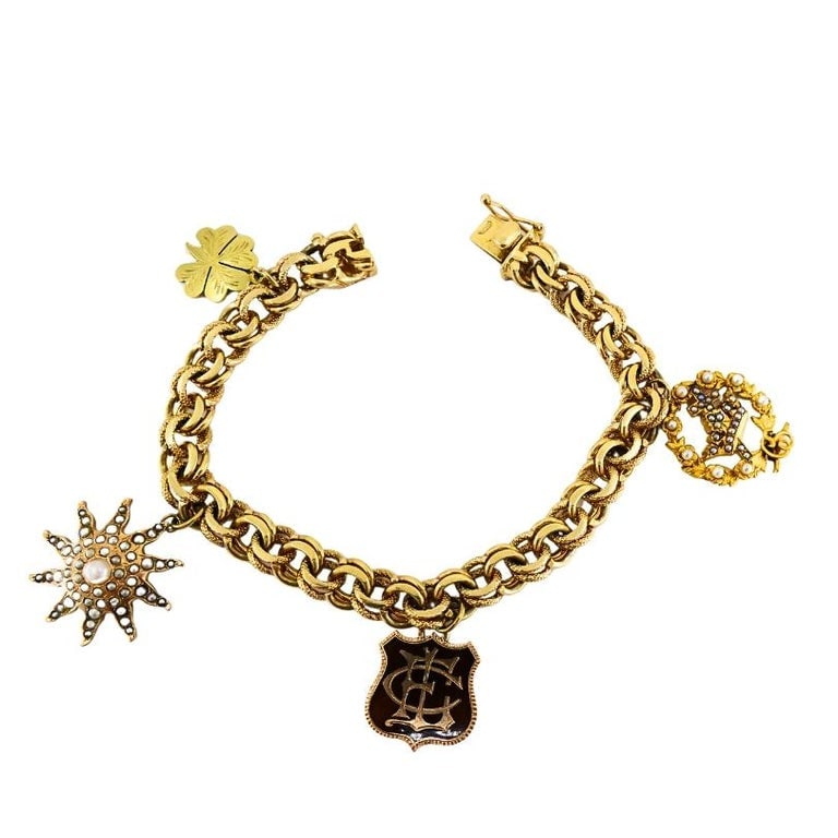 Victorian 14k Gold Link Bracelet Enamel Pearl & Engraved Charms - 12