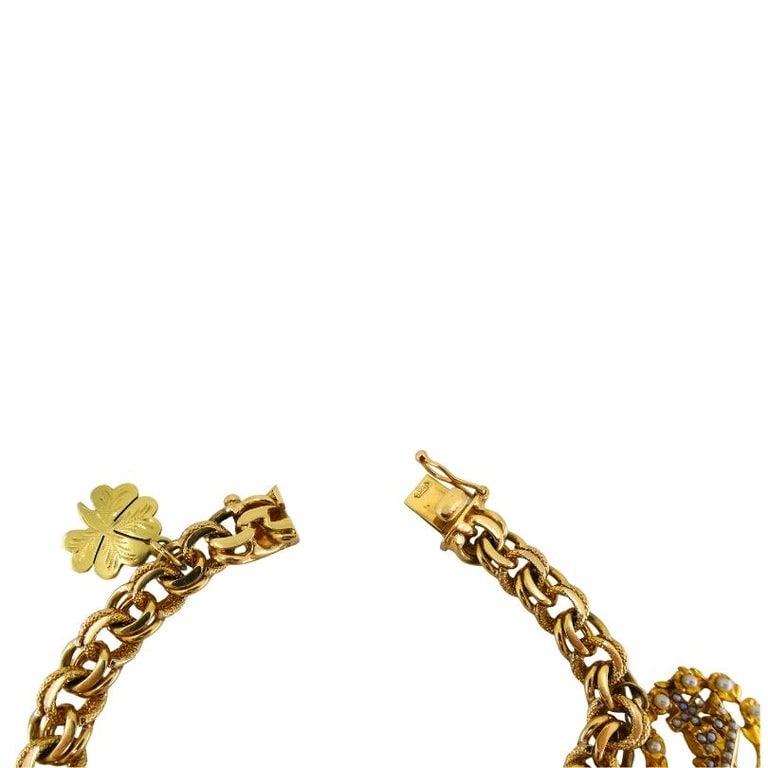 Victorian 14k Gold Link Bracelet Enamel Pearl & Engraved Charms - 13