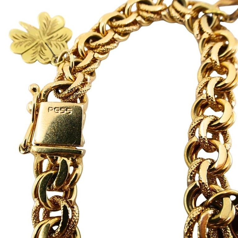 Victorian 14k Gold Link Bracelet Enamel Pearl & Engraved Charms - 14