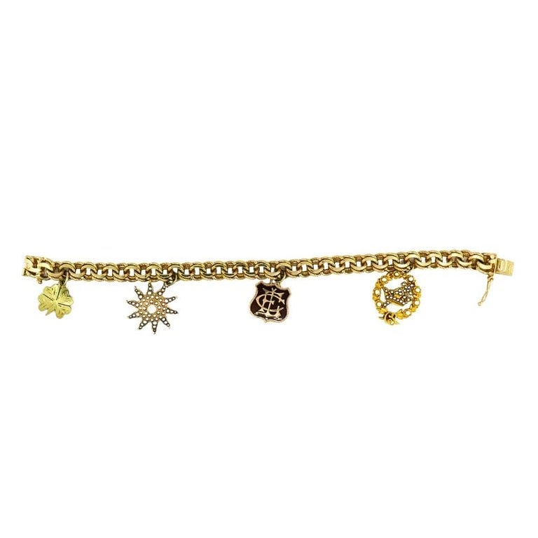 Victorian 14k Gold Link Bracelet Enamel Pearl & Engraved Charms - 9