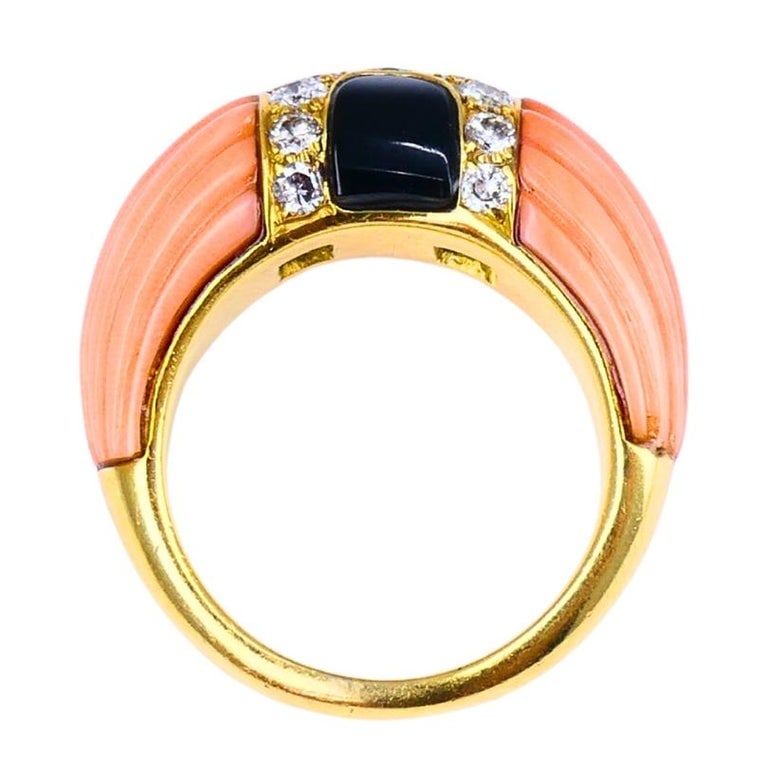 Vintage Cartier Set Coral Onyx Diamond 18k Gold Ring and Earrings Estate Jewelry - 10