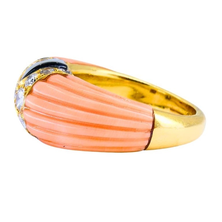 Vintage Cartier Set Coral Onyx Diamond 18k Gold Ring and Earrings Estate Jewelry - 11