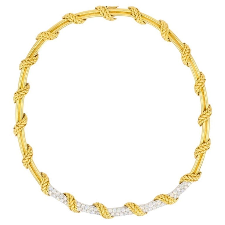 Tiffany & Co. 18k Gold Diamond Collar Necklace Rope Design: Title: Tiffany & Co. 18k Gold Diamond Collar Necklace Rope Design Description: This vintage Tiffany & Co. collar necklace is crafted in 18 gold and features diamonds. The necklace is designed with an 