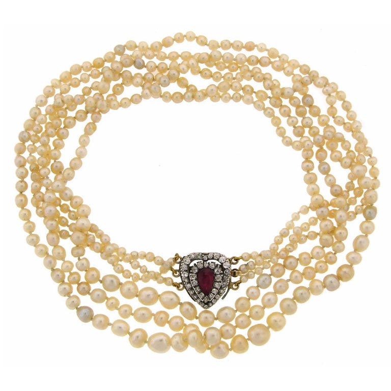 Victorian Natural Saltwater Pearl Necklace with Diamond Clasp - 2