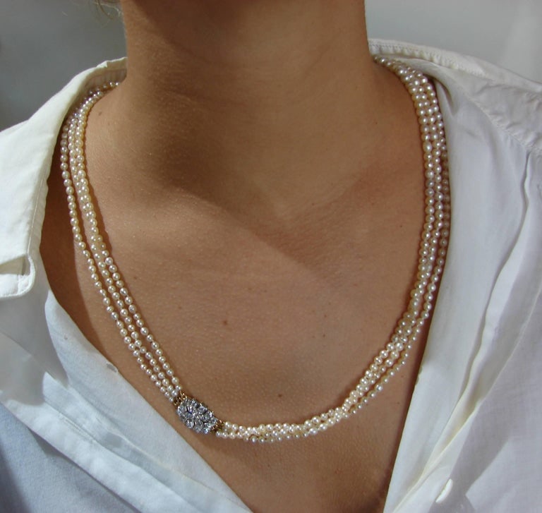 Victorian Natural Saltwater Pearl Necklace with Diamond Clasp - 3