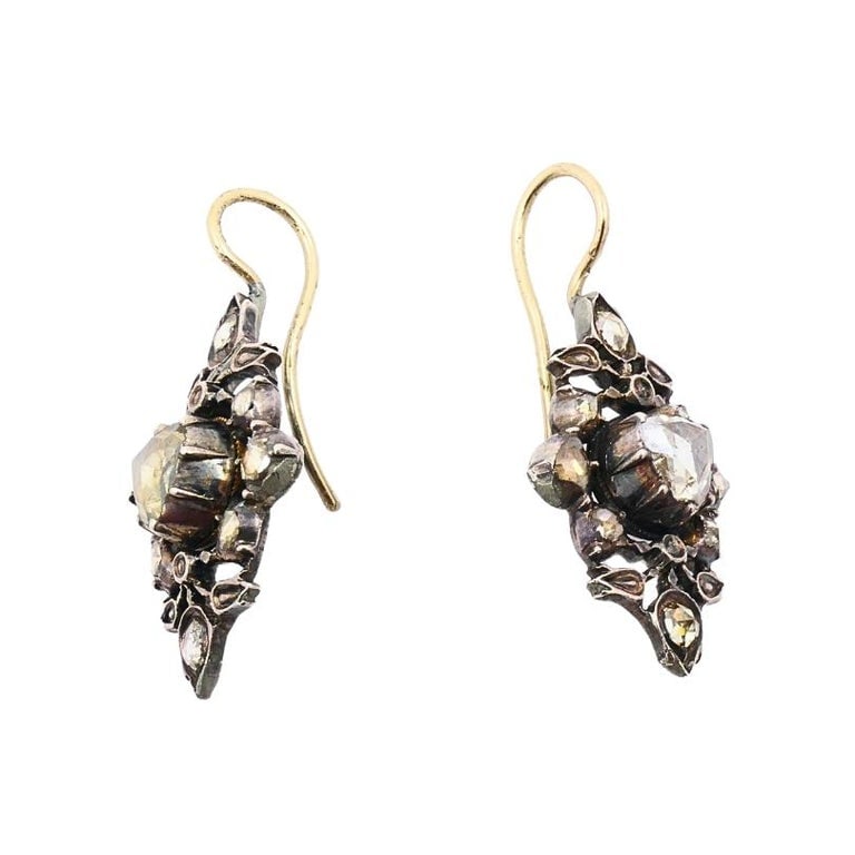 Georgian Diamond Earrings Gold Silver Floral Design - 3