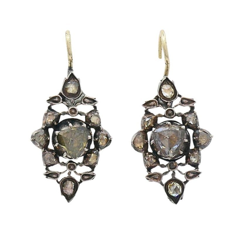 Georgian Diamond Earrings Gold Silver Floral Design - 5