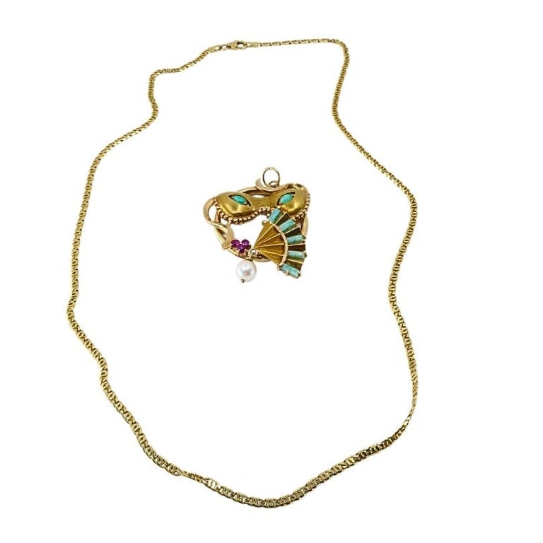 Vintage 14k Gold Masquerade Pendant 18k Gold Chain Necklace - 10
