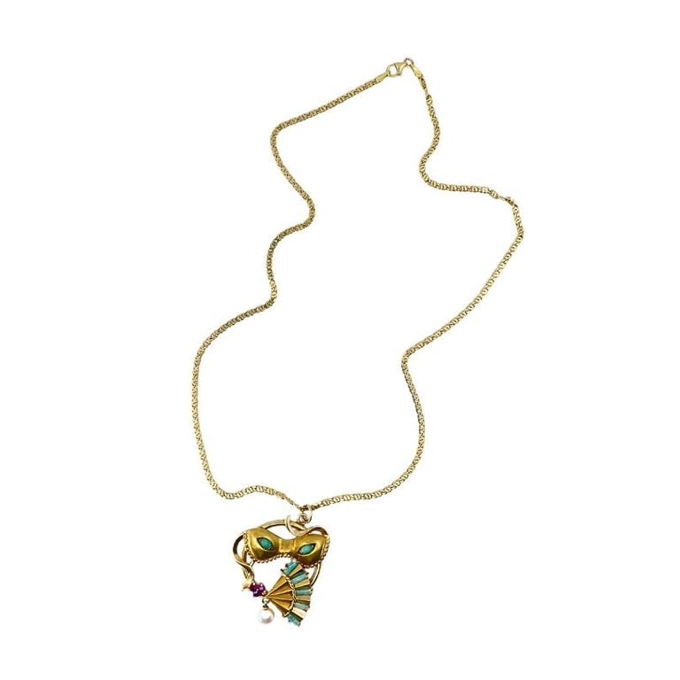 Vintage 14k Gold Masquerade Pendant 18k Gold Chain Necklace - 4