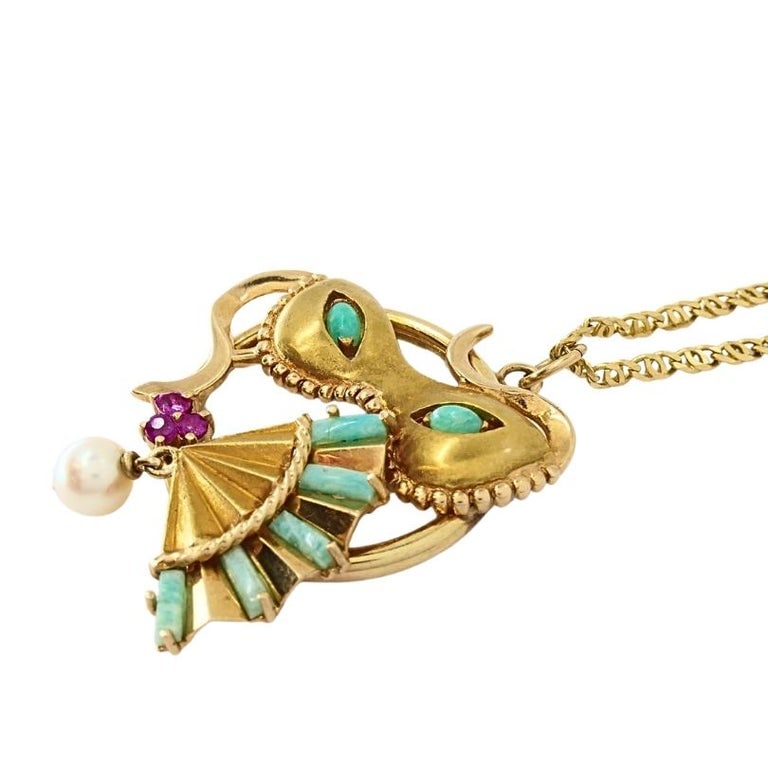 Vintage 14k Gold Masquerade Pendant 18k Gold Chain Necklace - 7