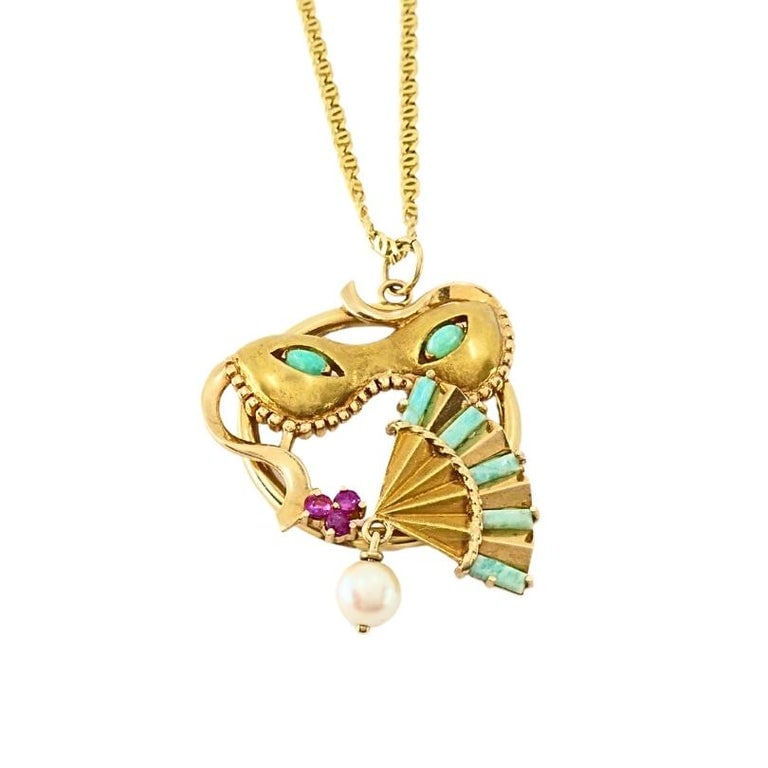 Vintage 14k Gold Masquerade Pendant 18k Gold Chain Necklace - 9