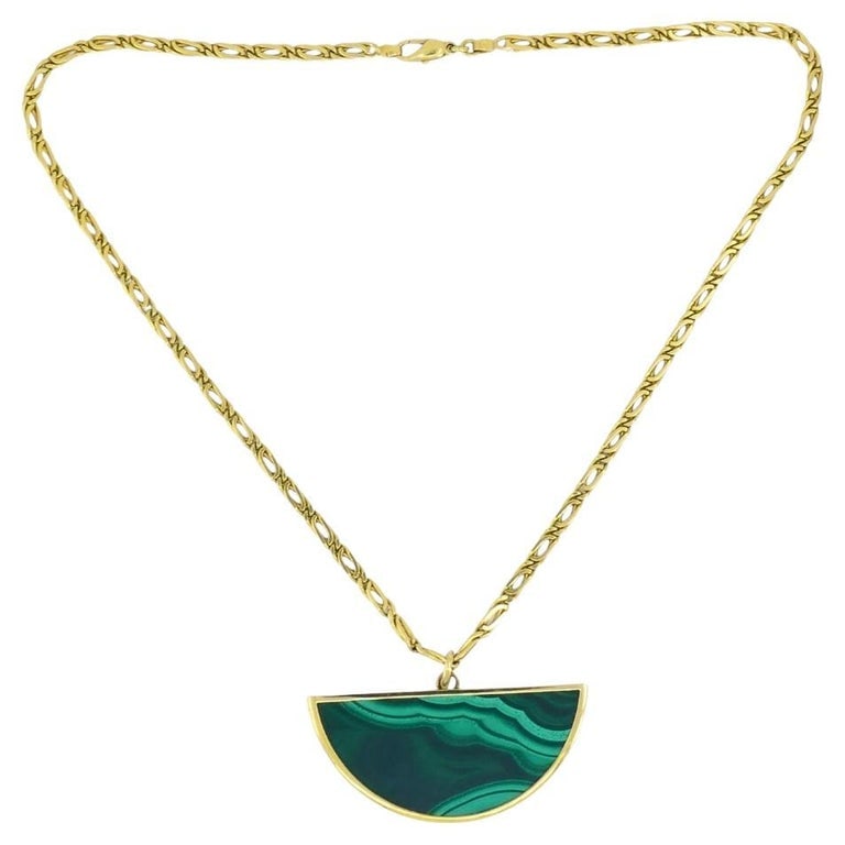 Vintage 18k Gold Necklace Malachite Pendant Oval Link Chain (1 of 11)