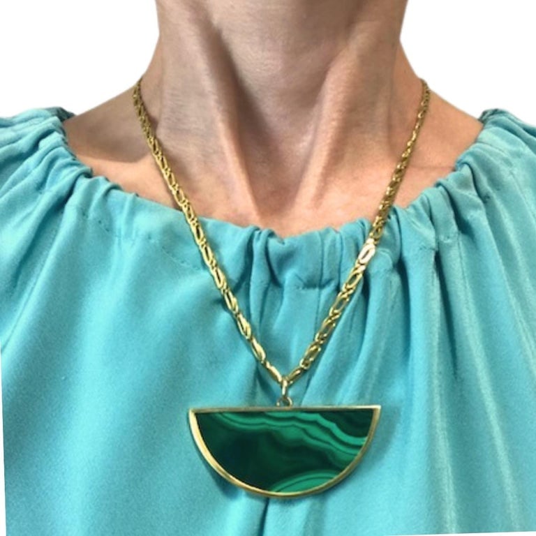 Vintage 18k Gold Necklace Malachite Pendant Oval Link Chain - 2