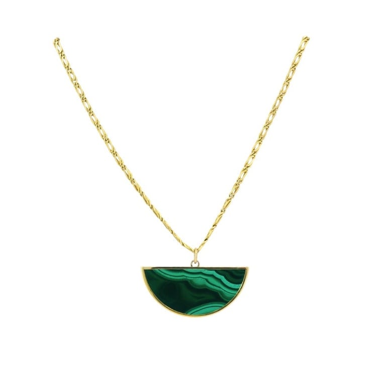 Vintage 18k Gold Necklace Malachite Pendant Oval Link Chain - 3