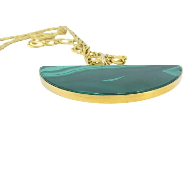 Vintage 18k Gold Necklace Malachite Pendant Oval Link Chain - 8