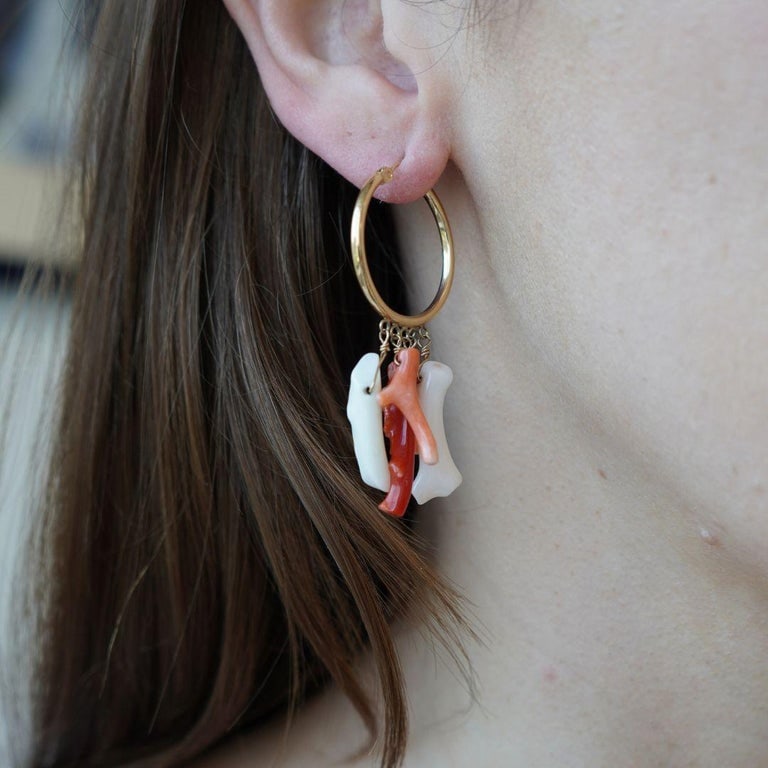 Vintage 10k Gold Hoop Coral Earrings - 2