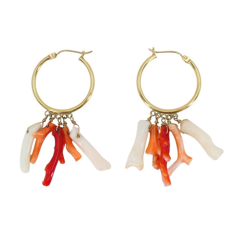 Vintage 10k Gold Hoop Coral Earrings - 3