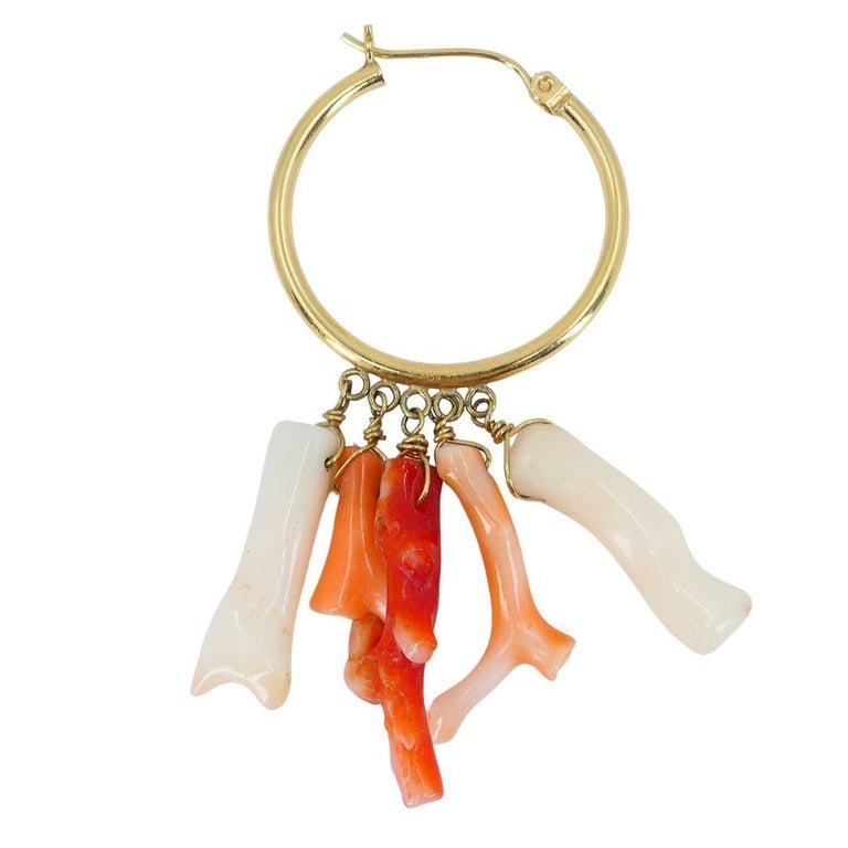Vintage 10k Gold Hoop Coral Earrings - 5