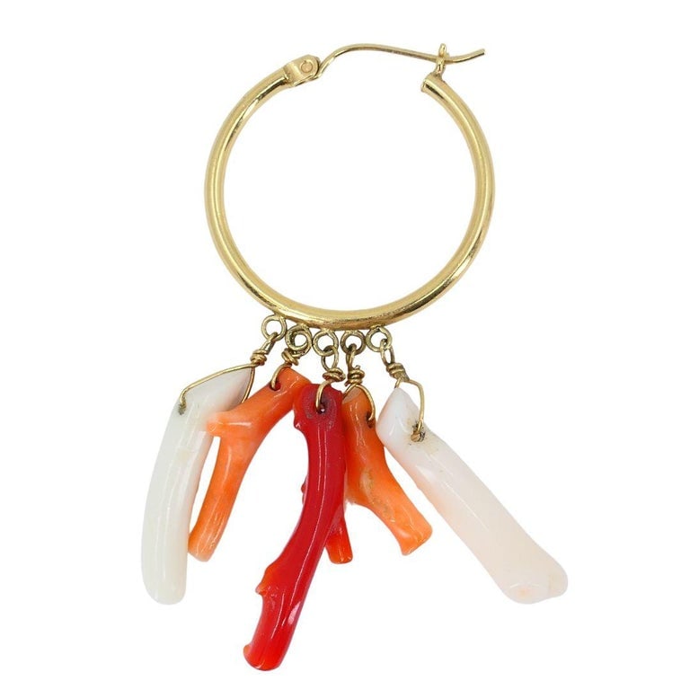 Vintage 10k Gold Hoop Coral Earrings - 6