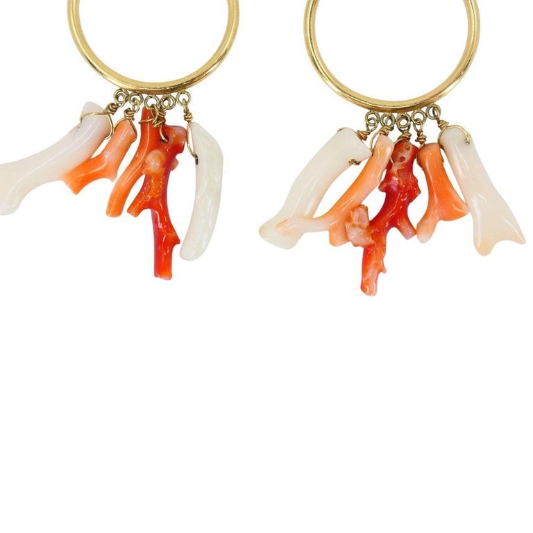 Vintage 10k Gold Hoop Coral Earrings - 7