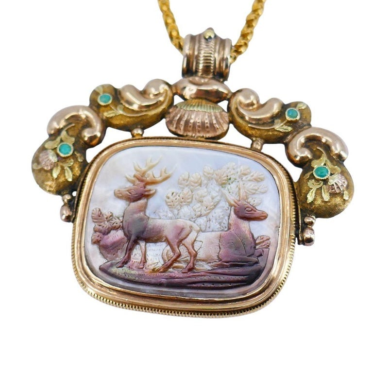 Antique Victorian Gold Mother of Pearl Equestrian Pendant Chain Necklace - 3