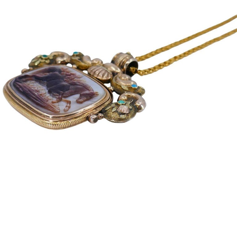 Antique Victorian Gold Mother of Pearl Equestrian Pendant Chain Necklace - 7