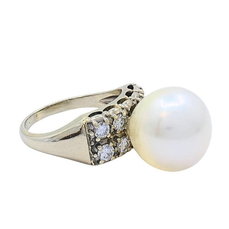 Vintage Pearl Diamond Ring 14k White Gold - 5