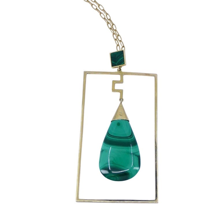 Modernist Gold Malachite Pendant Chain Necklace - 3